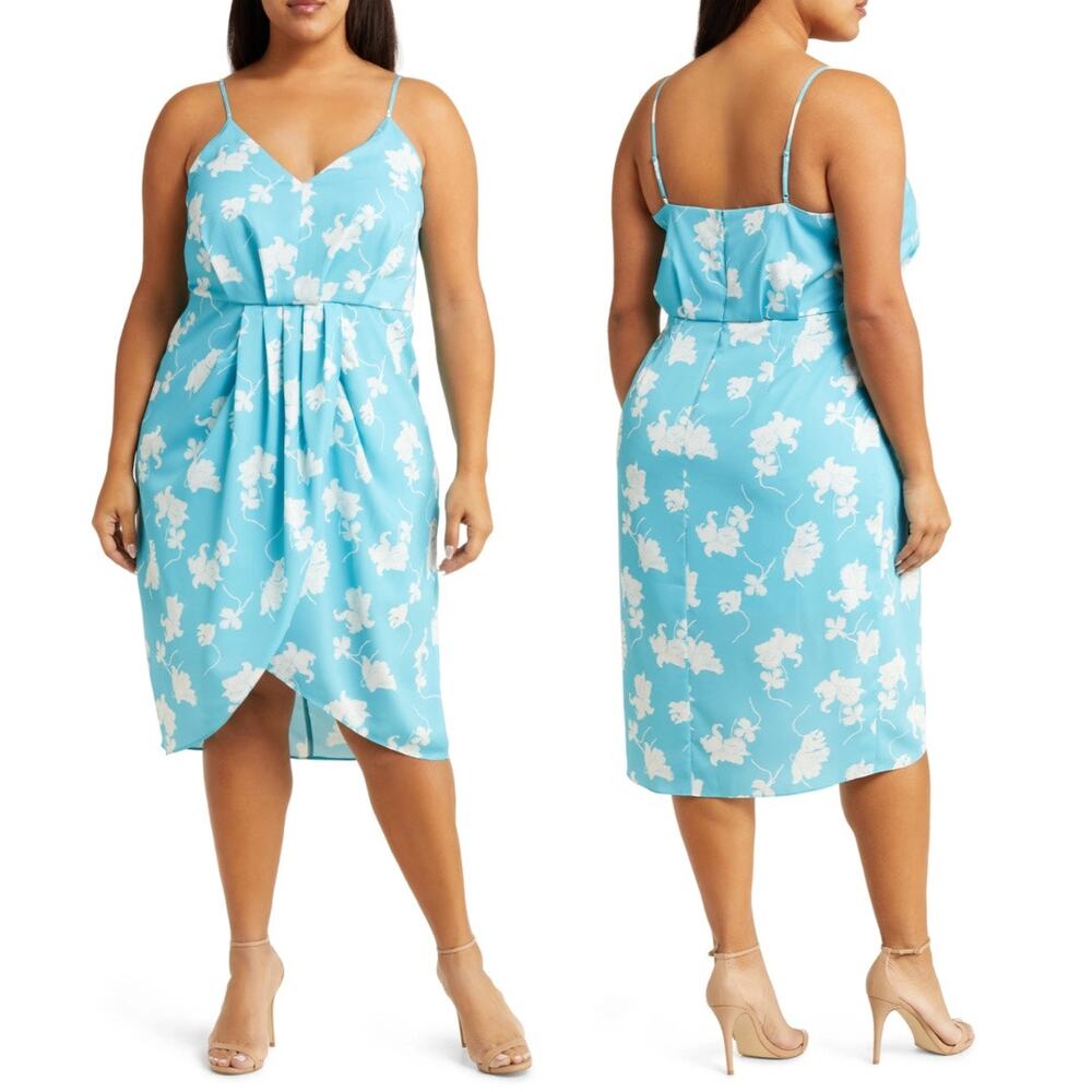 Chelsea28 Blue White Floral Orchid Faux Wrap Dress Womens 3x